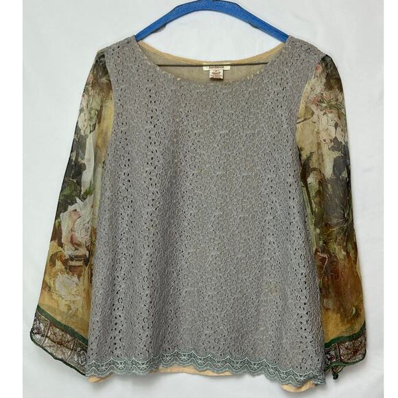 Sundance Women's Medium Gray Floral Lace Sheer 3/4 Sleeve Blouse Elegant Top - Picture 1 of 9